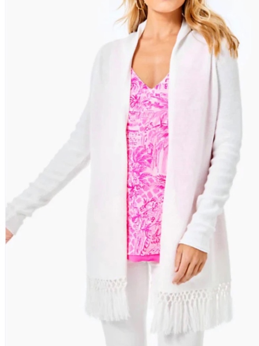 LILLY PULITZER Tatum Fringe Cardigan White Women’s Size Large